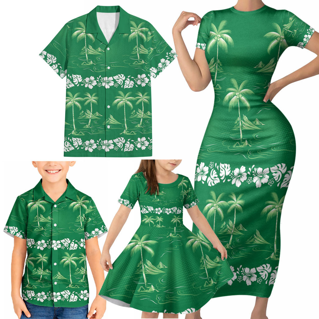 Green Hawaii Palm Tree Hibiscus Family Matching Short Sleeve Bodycon Dress and Hawaiian Shirt Fantasy Summer Vibe LT01 - Polynesian Pride