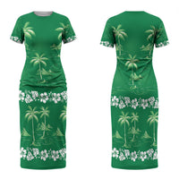 Green Hawaii Palm Tree Hibiscus Family Matching Short Sleeve Bodycon Dress and Hawaiian Shirt Fantasy Summer Vibe LT01 Mom's Dress Green - Polynesian Pride