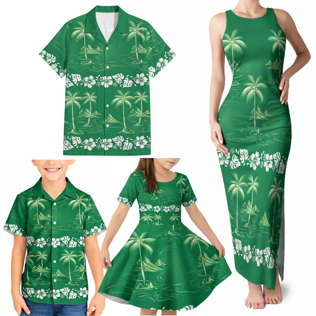 Green Hawaii Palm Tree Hibiscus Family Matching Tank Maxi Dress and Hawaiian Shirt Fantasy Summer Vibe