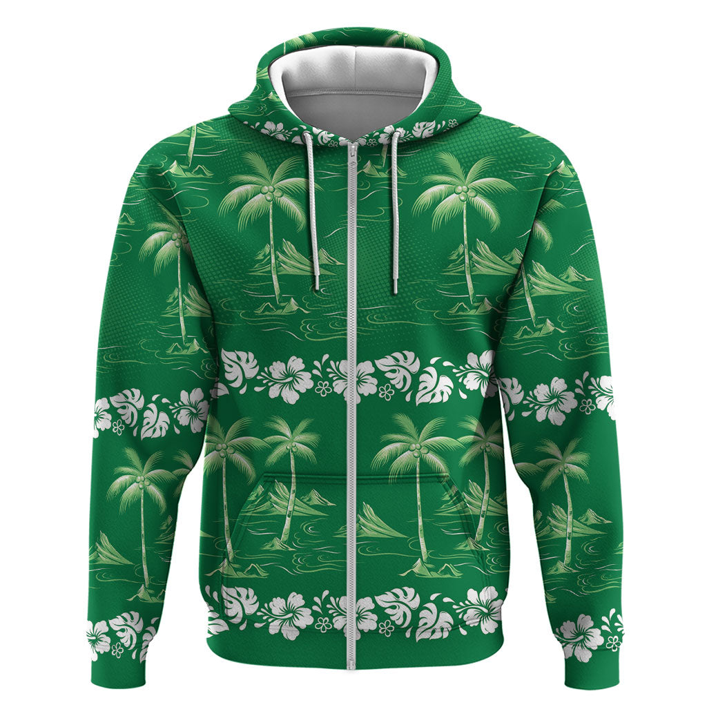 Green Hawaii Palm Tree Hibiscus Hoodie Fantasy Summer Vibe LT01 Zip Hoodie Green - Polynesian Pride