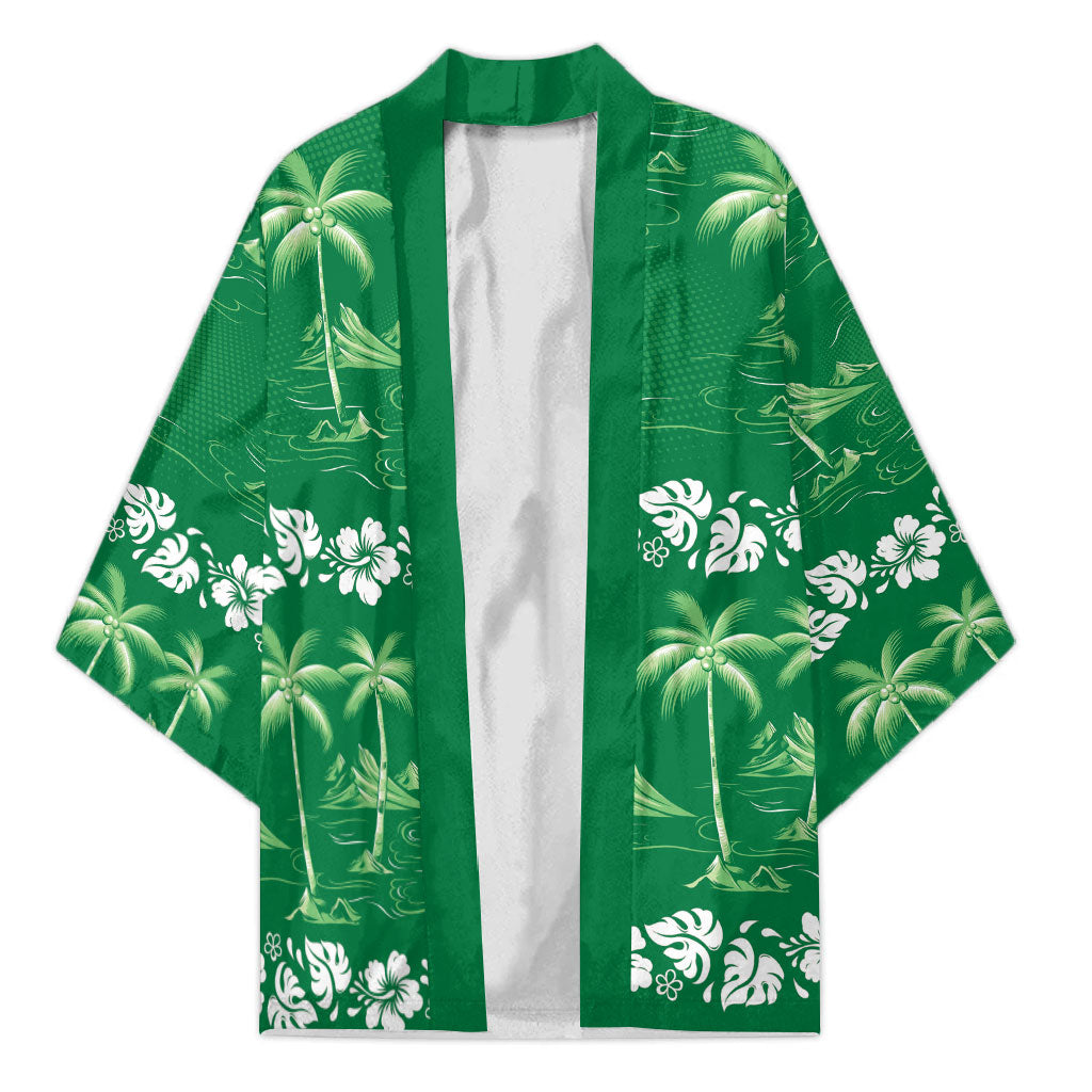 Green Hawaii Palm Tree Hibiscus Kimono Fantasy Summer Vibe