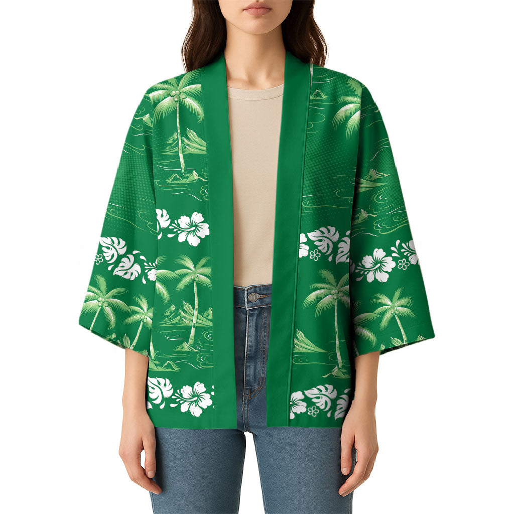 Green Hawaii Palm Tree Hibiscus Kimono Fantasy Summer Vibe