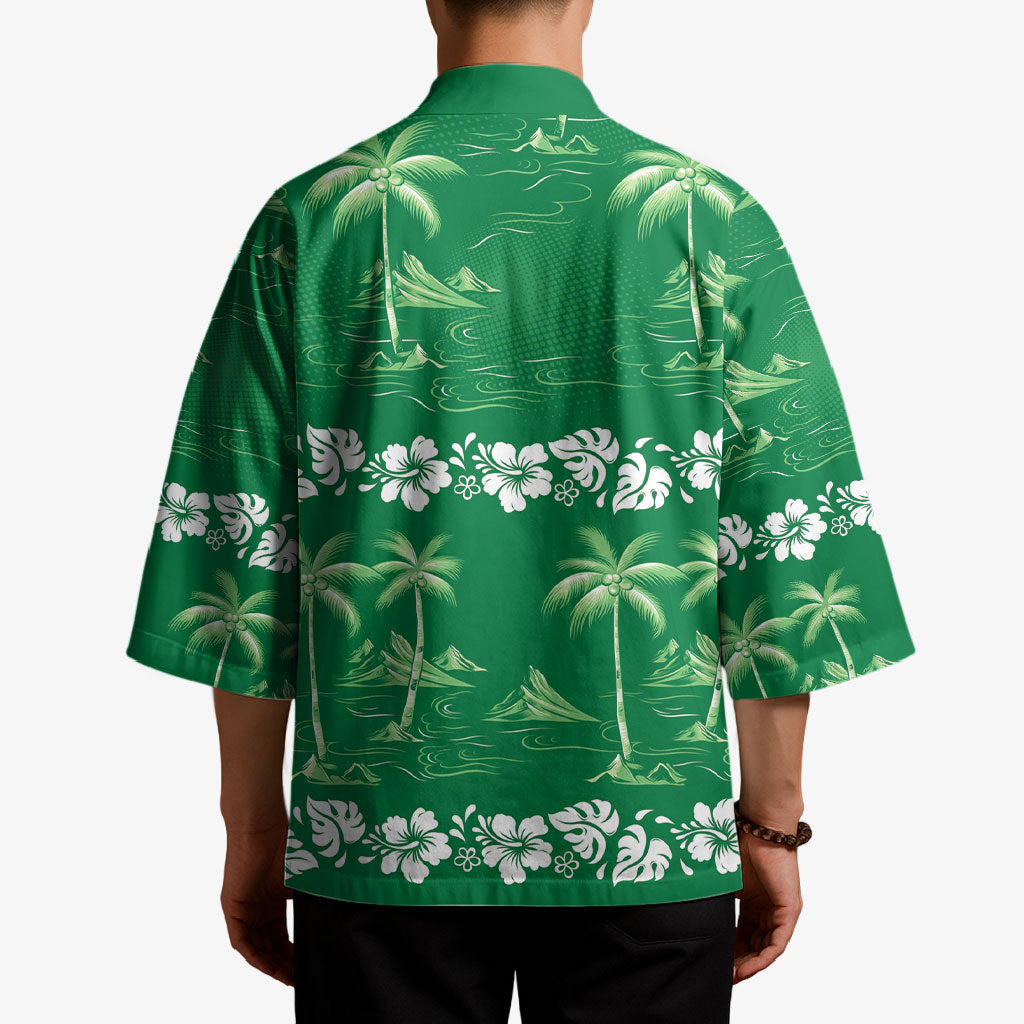 Green Hawaii Palm Tree Hibiscus Kimono Fantasy Summer Vibe