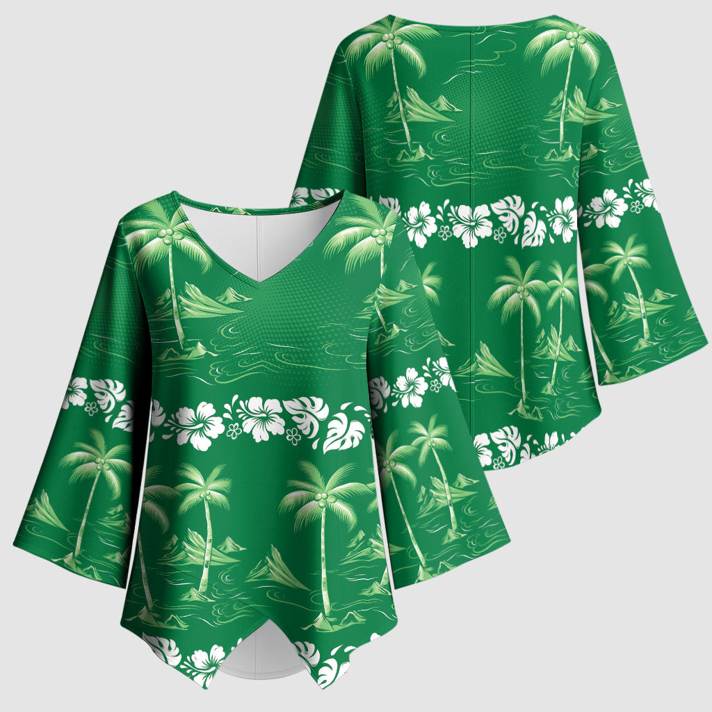 Green Hawaii Palm Tree Hibiscus Kimono Sleeve Blouse Fantasy Summer Vibe LT01 - Polynesian Pride