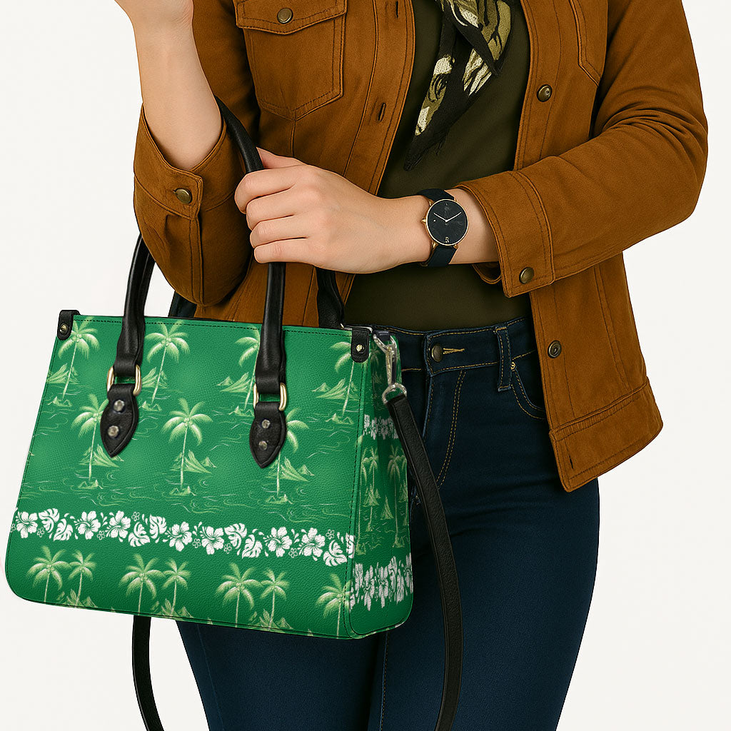 Green Hawaii Palm Tree Hibiscus Leather Bag Fantasy Summer Vibe LT01 - Polynesian Pride