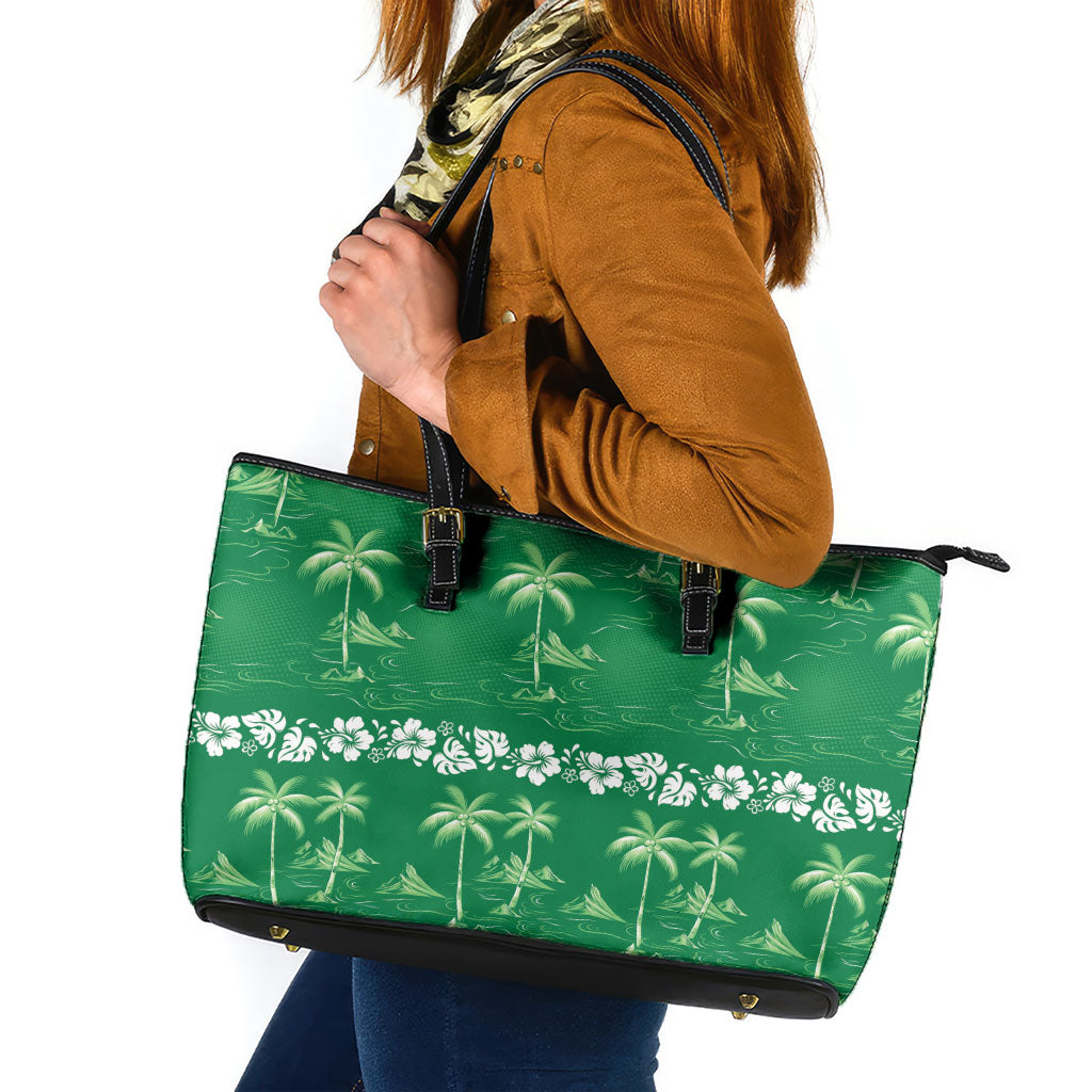 Green Hawaii Palm Tree Hibiscus Leather Tote Bag Fantasy Summer Vibe LT01 Green - Polynesian Pride