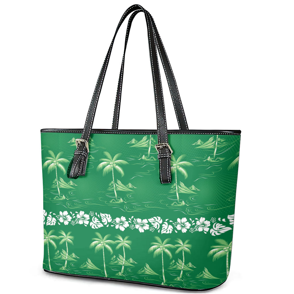 Green Hawaii Palm Tree Hibiscus Leather Tote Bag Fantasy Summer Vibe LT01 - Polynesian Pride