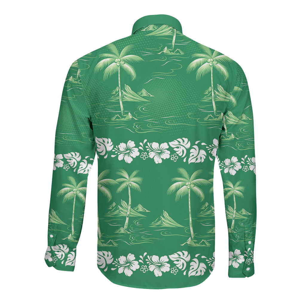 Green Hawaii Palm Tree Hibiscus Long Sleeve Button Shirt Fantasy Summer Vibe