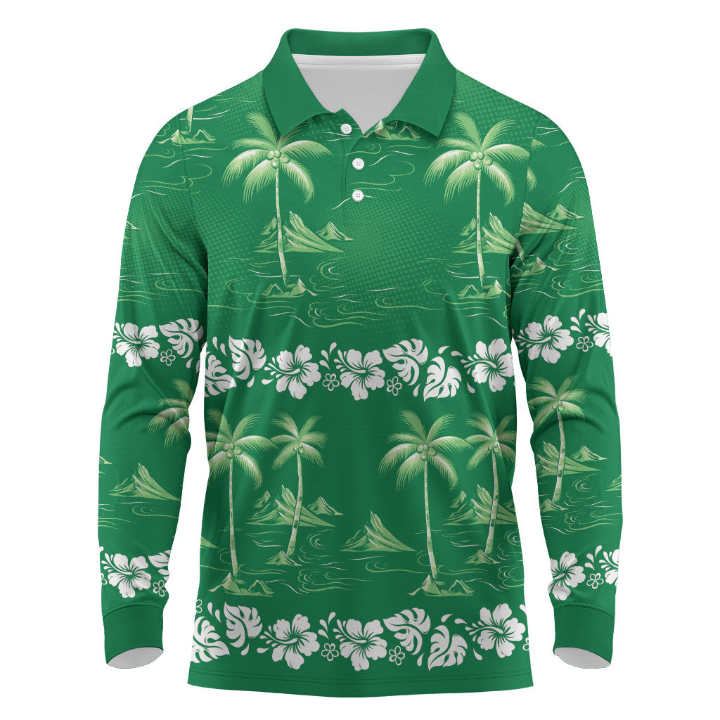 Green Hawaii Palm Tree Hibiscus Long Sleeve Polo Shirt Fantasy Summer Vibe LT01 Green - Polynesian Pride