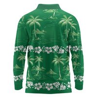 Green Hawaii Palm Tree Hibiscus Long Sleeve Polo Shirt Fantasy Summer Vibe LT01 - Polynesian Pride
