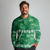 Green Hawaii Palm Tree Hibiscus Long Sleeve Polo Shirt Fantasy Summer Vibe LT01 - Polynesian Pride