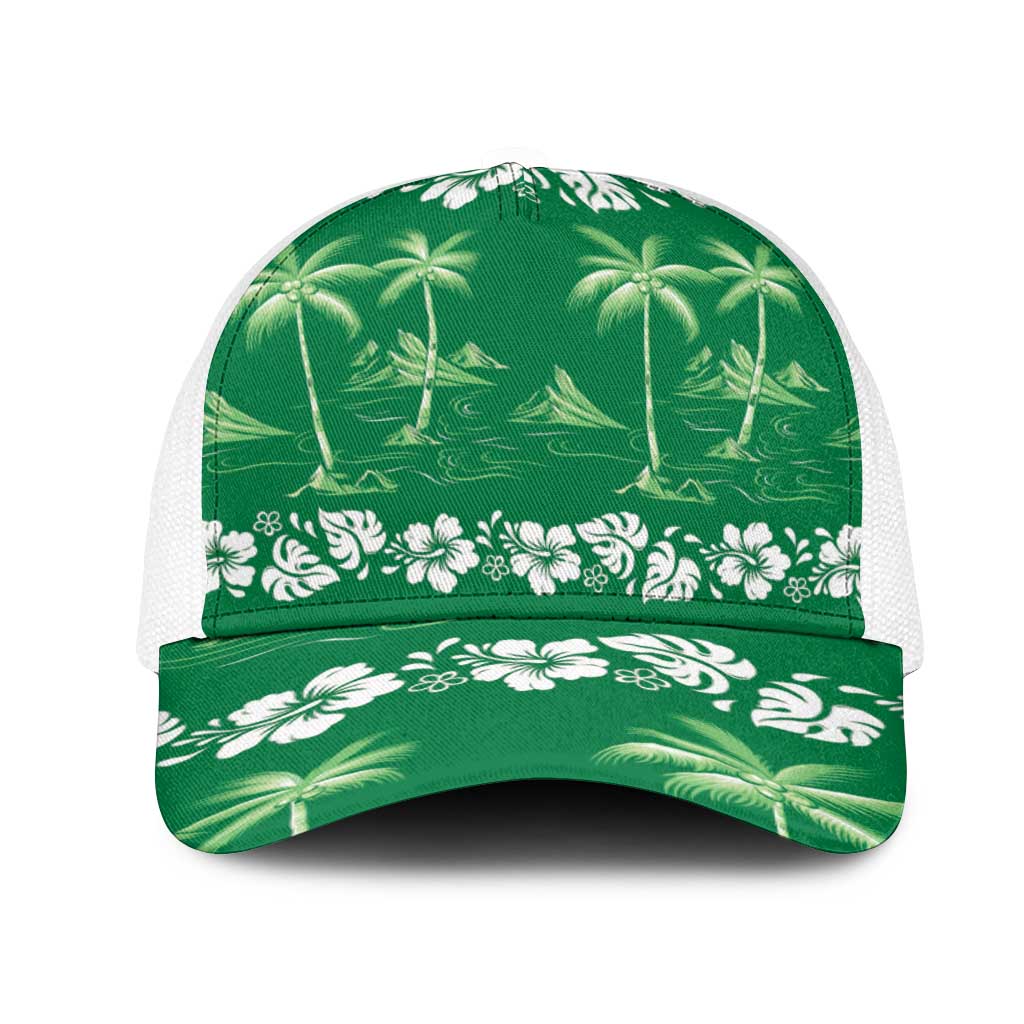 Green Hawaii Palm Tree Hibiscus Mesh Trucker Cap Fantasy Summer Vibe LT01 One Size White Green - Polynesian Pride