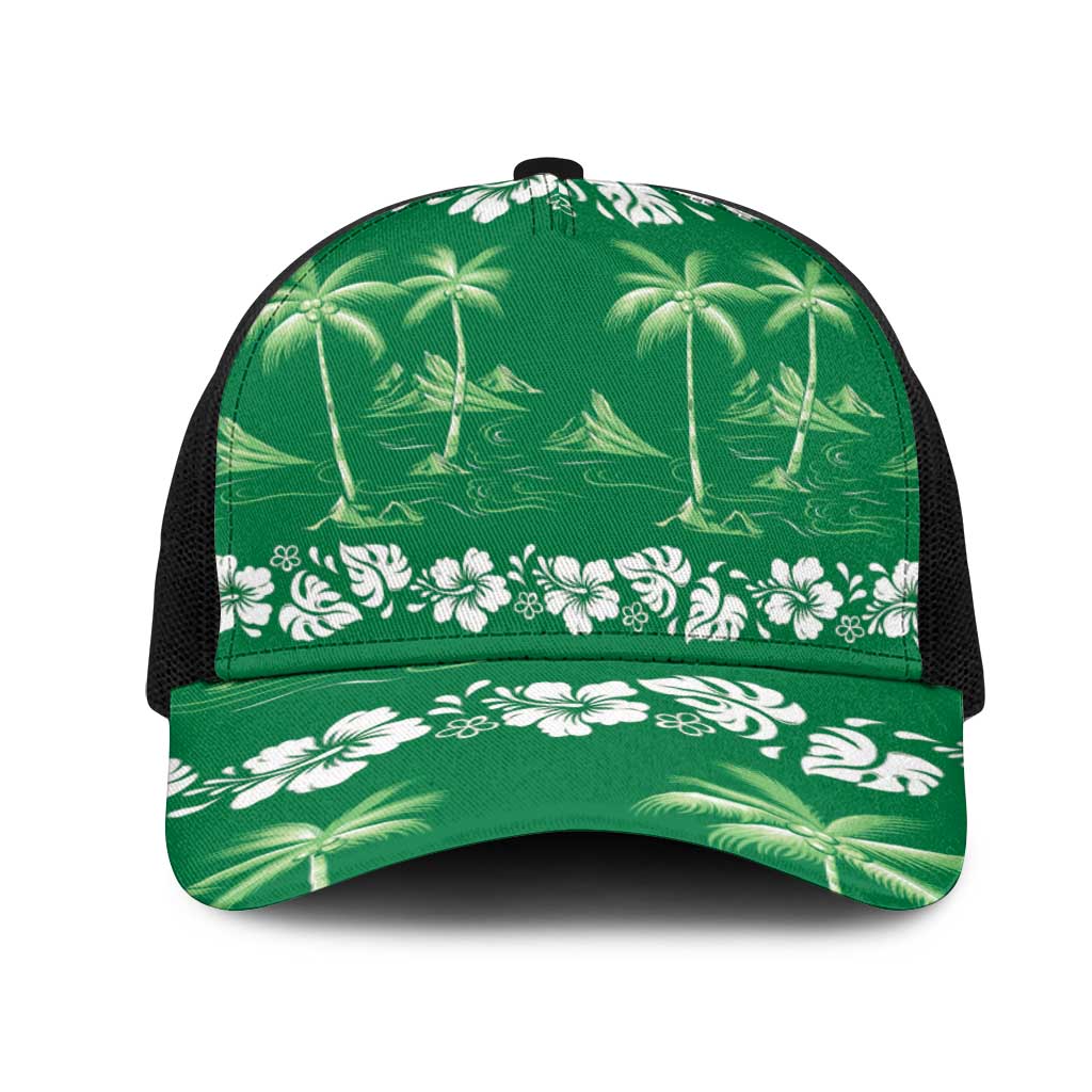 Green Hawaii Palm Tree Hibiscus Mesh Trucker Cap Fantasy Summer Vibe LT01 One Size Black Green - Polynesian Pride