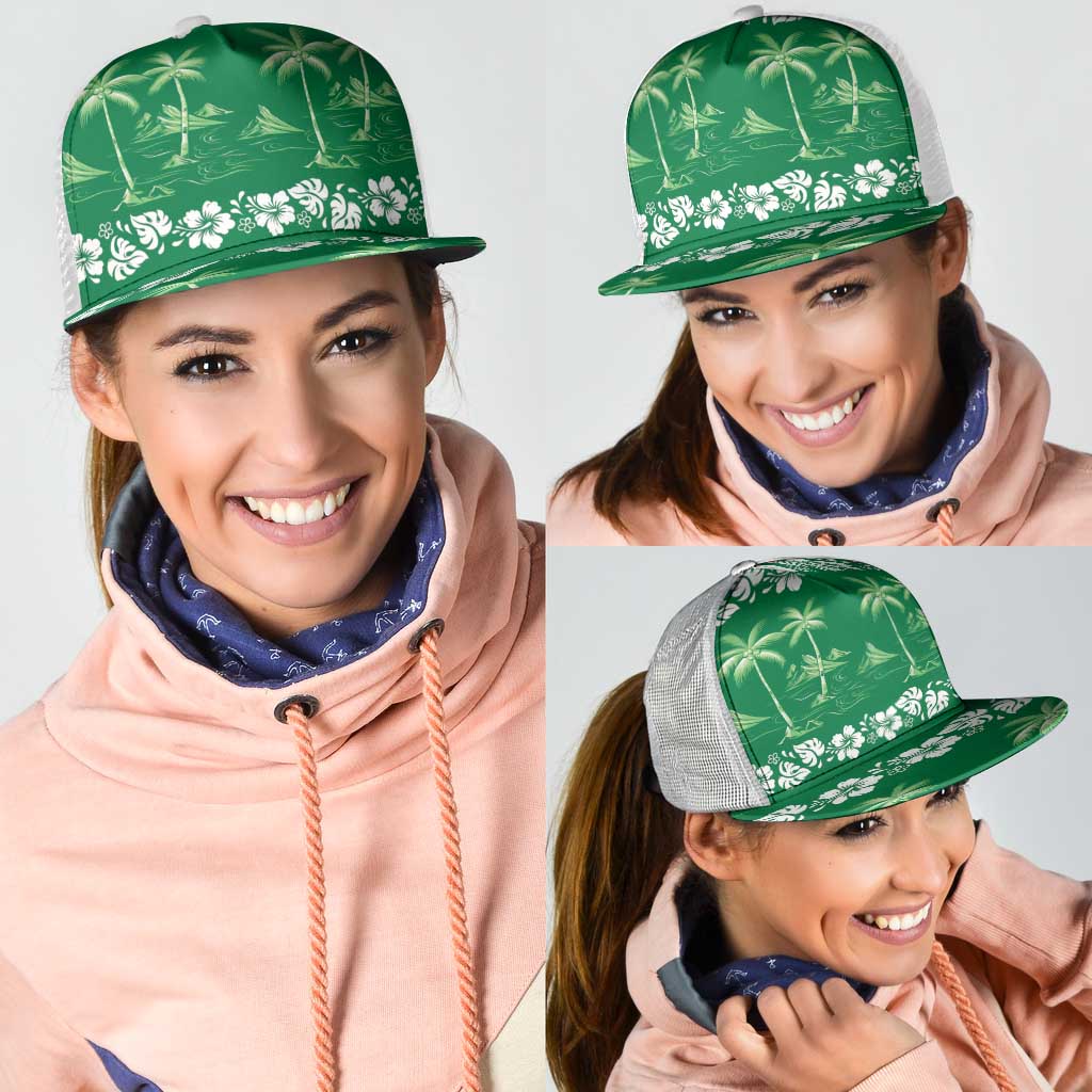 Green Hawaii Palm Tree Hibiscus Mesh Trucker Cap Fantasy Summer Vibe LT01 - Polynesian Pride