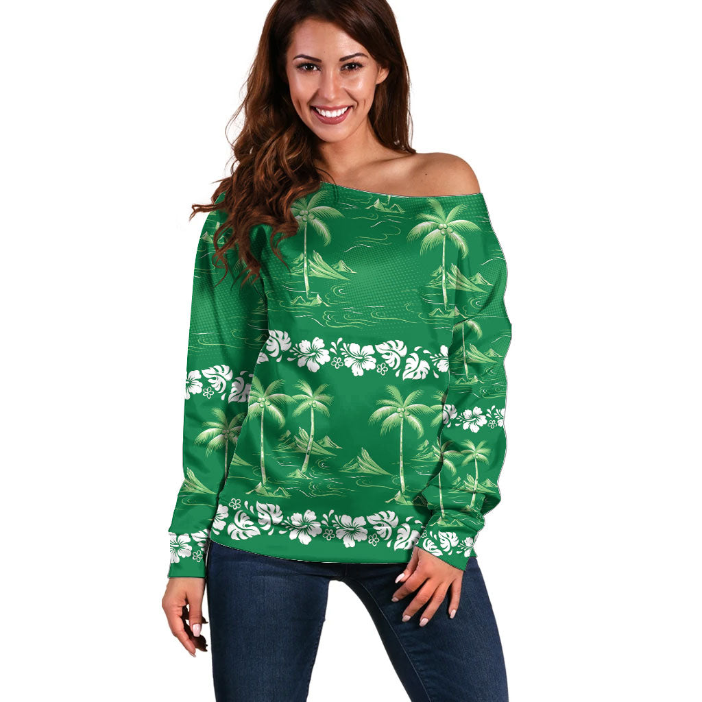 Green Hawaii Palm Tree Hibiscus Off Shoulder Sweater Fantasy Summer Vibe LT01 Women Green - Polynesian Pride