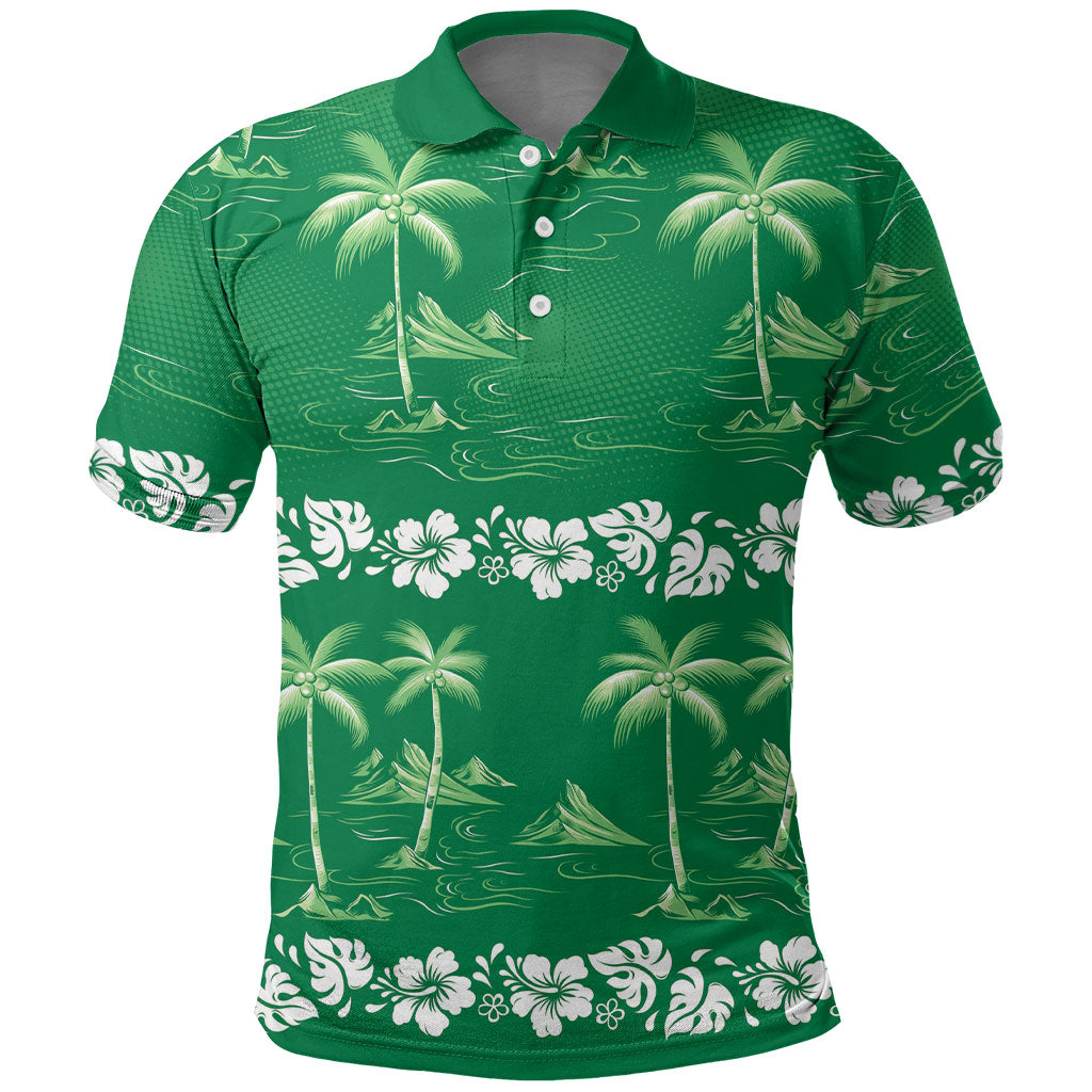 Green Hawaii Palm Tree Hibiscus Polo Shirt Fantasy Summer Vibe LT01 Green - Polynesian Pride