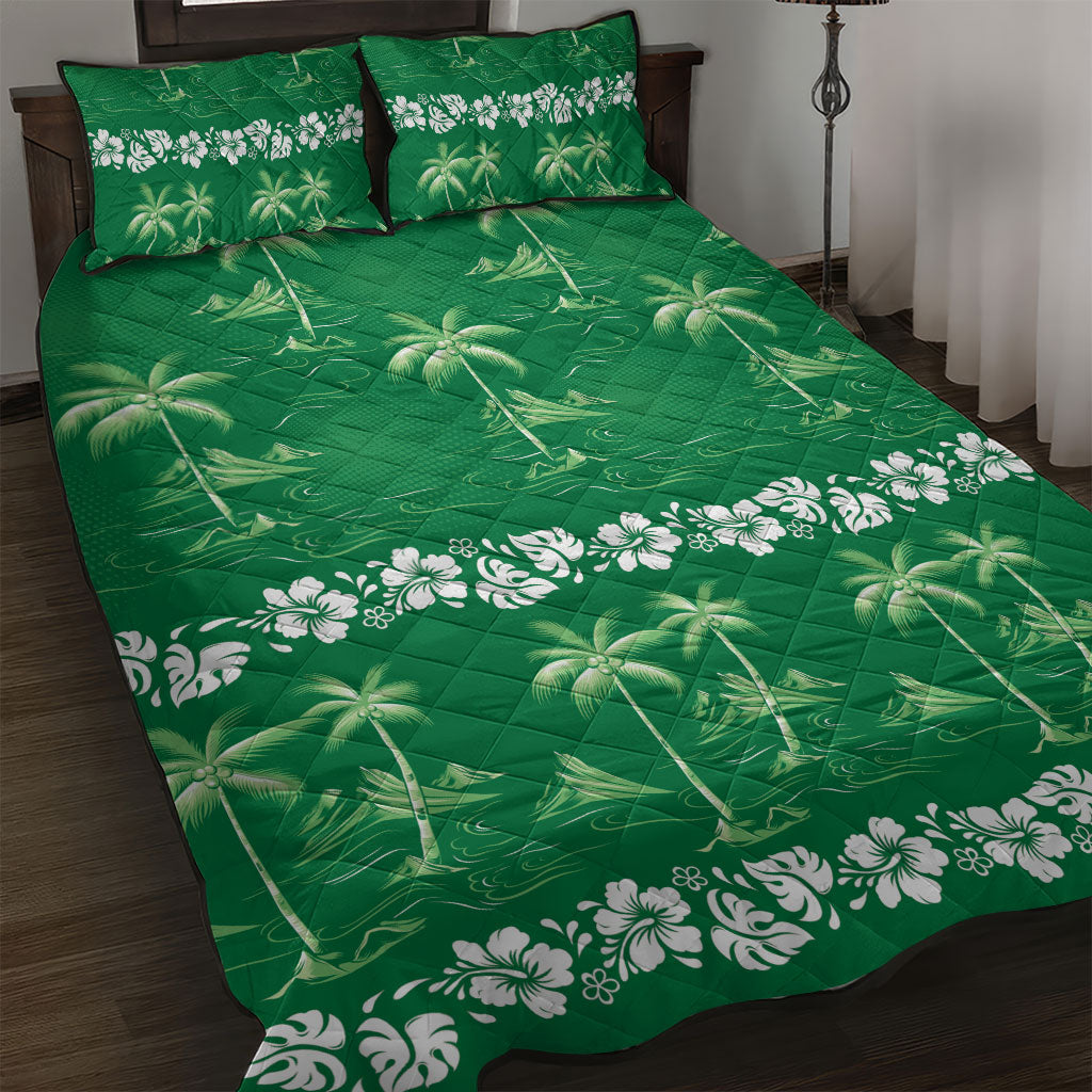 Green Hawaii Palm Tree Hibiscus Quilt Bed Set Fantasy Summer Vibe