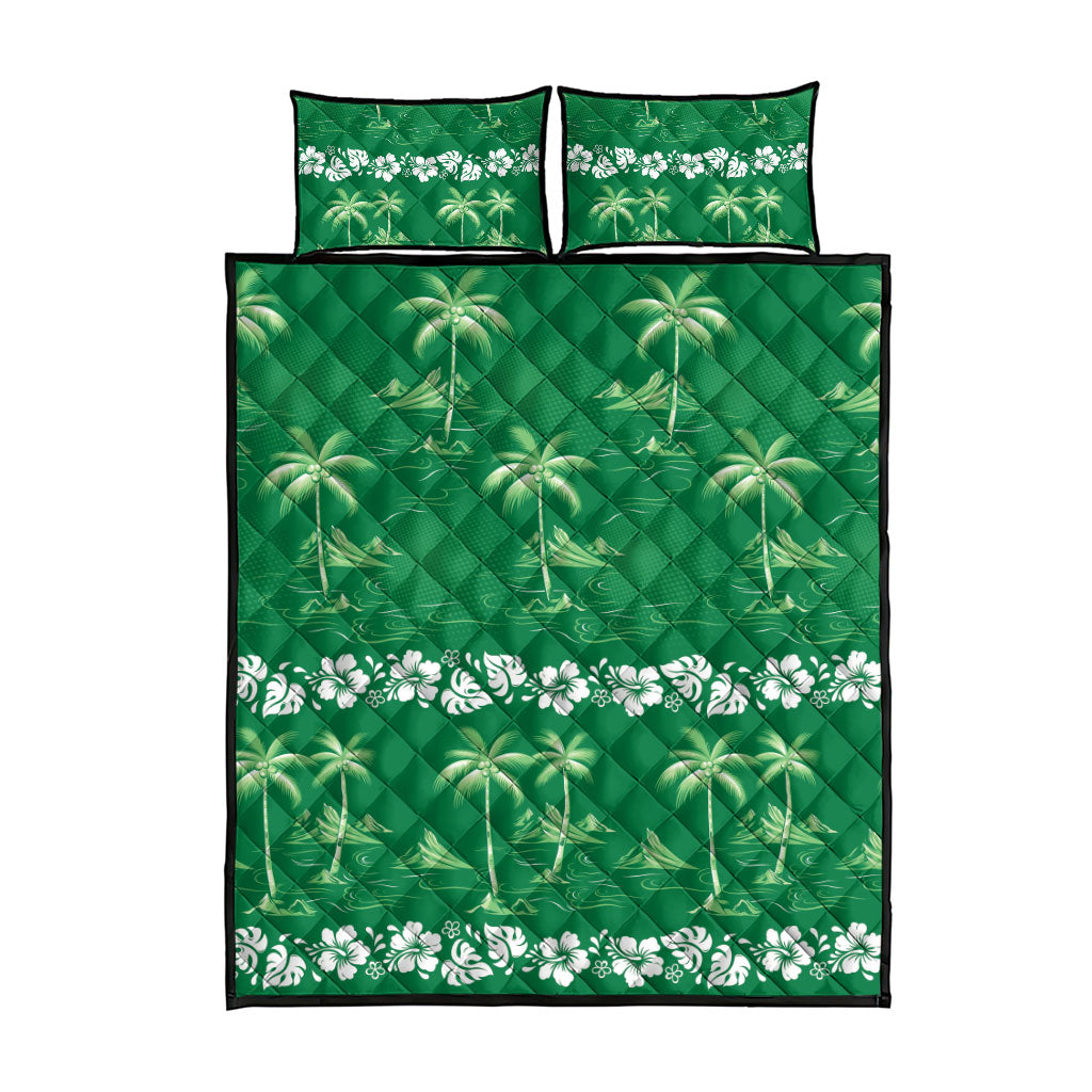 Green Hawaii Palm Tree Hibiscus Quilt Bed Set Fantasy Summer Vibe