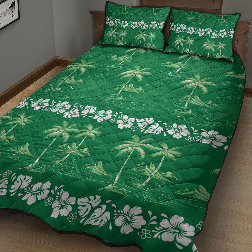 Green Hawaii Palm Tree Hibiscus Quilt Bed Set Fantasy Summer Vibe