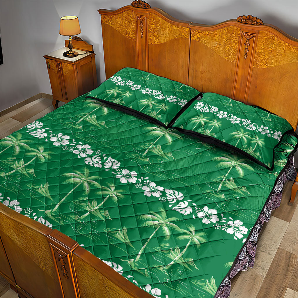 Green Hawaii Palm Tree Hibiscus Quilt Bed Set Fantasy Summer Vibe