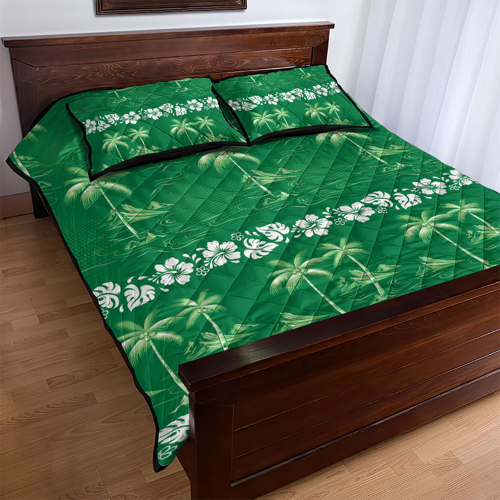 Green Hawaii Palm Tree Hibiscus Quilt Bed Set Fantasy Summer Vibe
