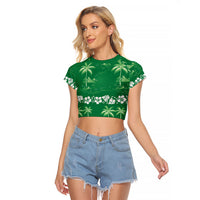 Green Hawaii Palm Tree Hibiscus Raglan Cropped T Shirt Fantasy Summer Vibe LT01 Female Green - Polynesian Pride