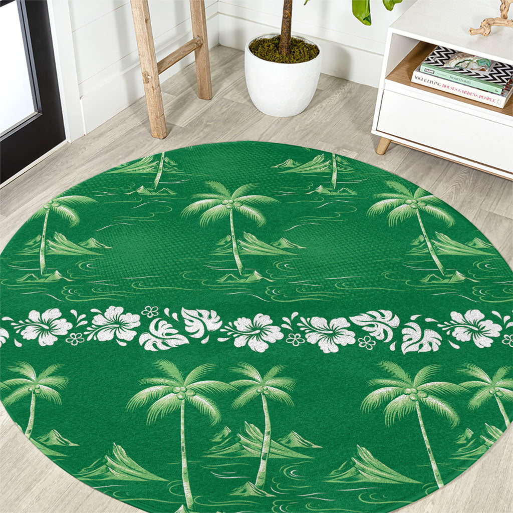 Green Hawaii Palm Tree Hibiscus Round Carpet Fantasy Summer Vibe