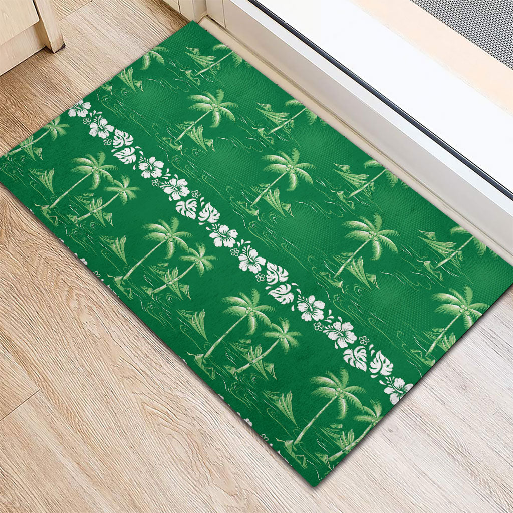 Green Hawaii Palm Tree Hibiscus Rubber Doormat Fantasy Summer Vibe