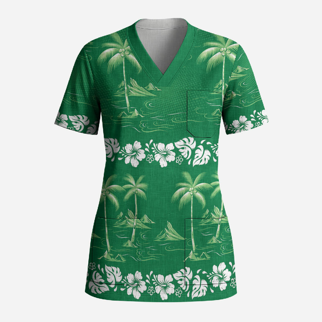 Green Hawaii Palm Tree Hibiscus Scrub Top Fantasy Summer Vibe LT01 Adult Green - Polynesian Pride