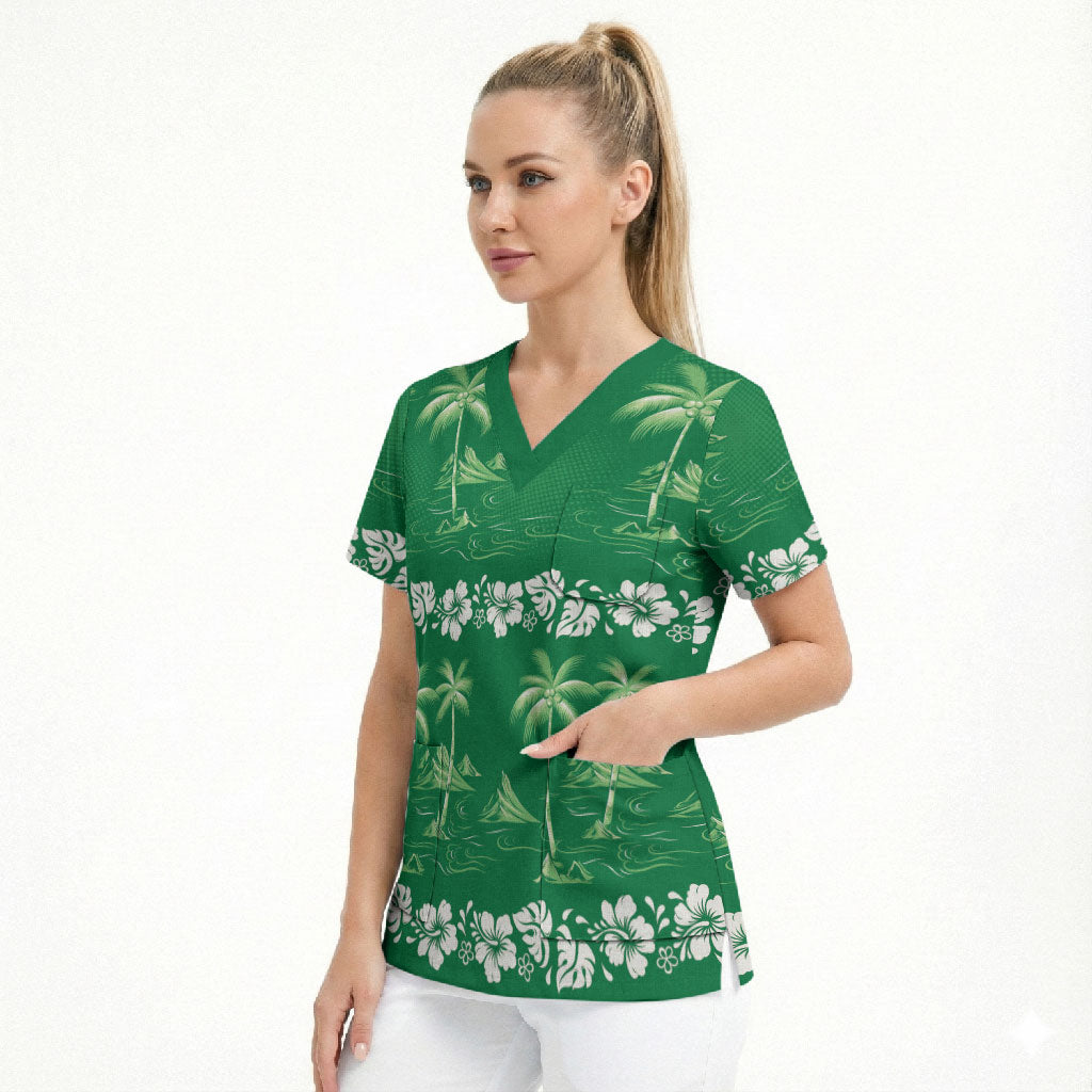 Green Hawaii Palm Tree Hibiscus Scrub Top Fantasy Summer Vibe LT01 - Polynesian Pride