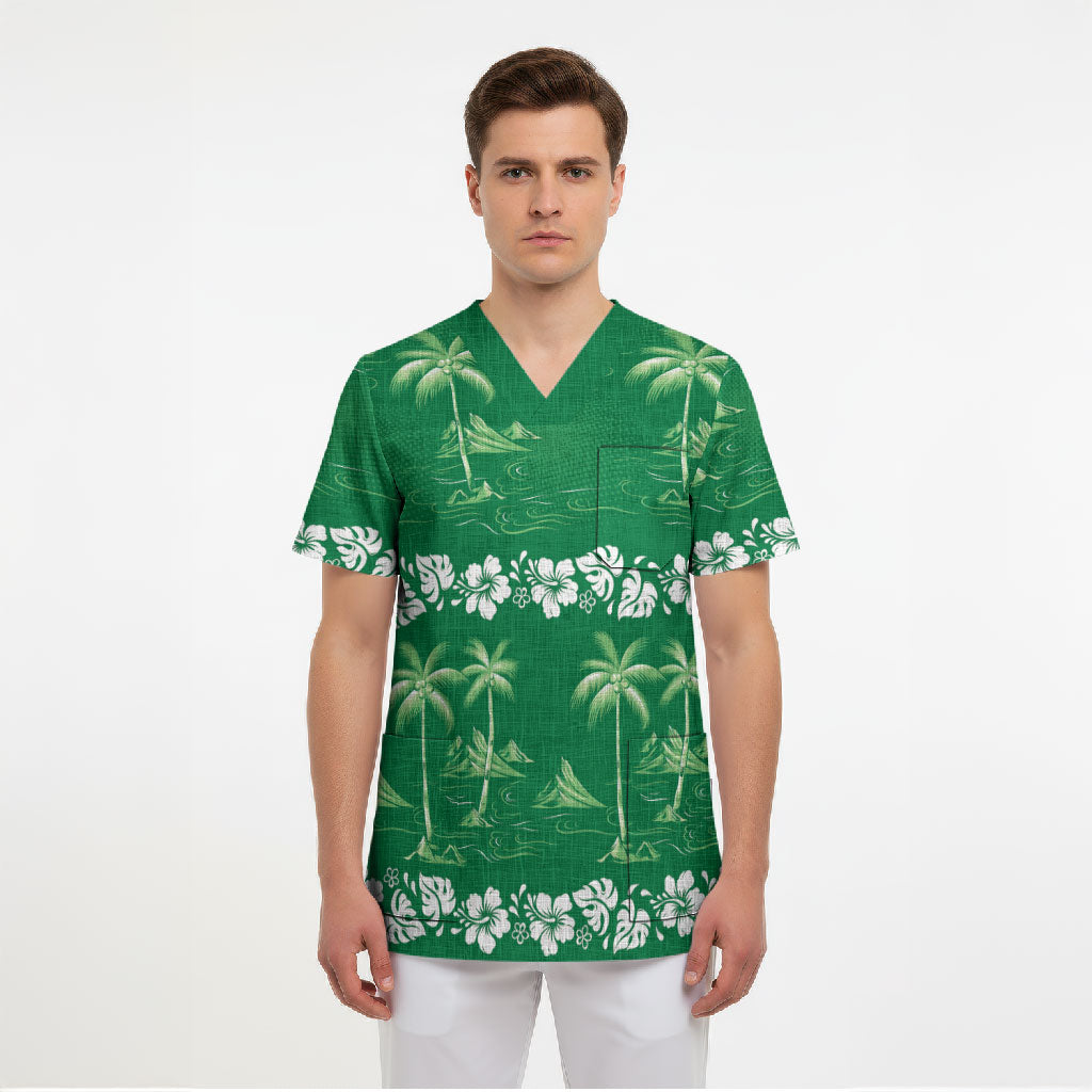 Green Hawaii Palm Tree Hibiscus Scrub Top Fantasy Summer Vibe LT01 - Polynesian Pride