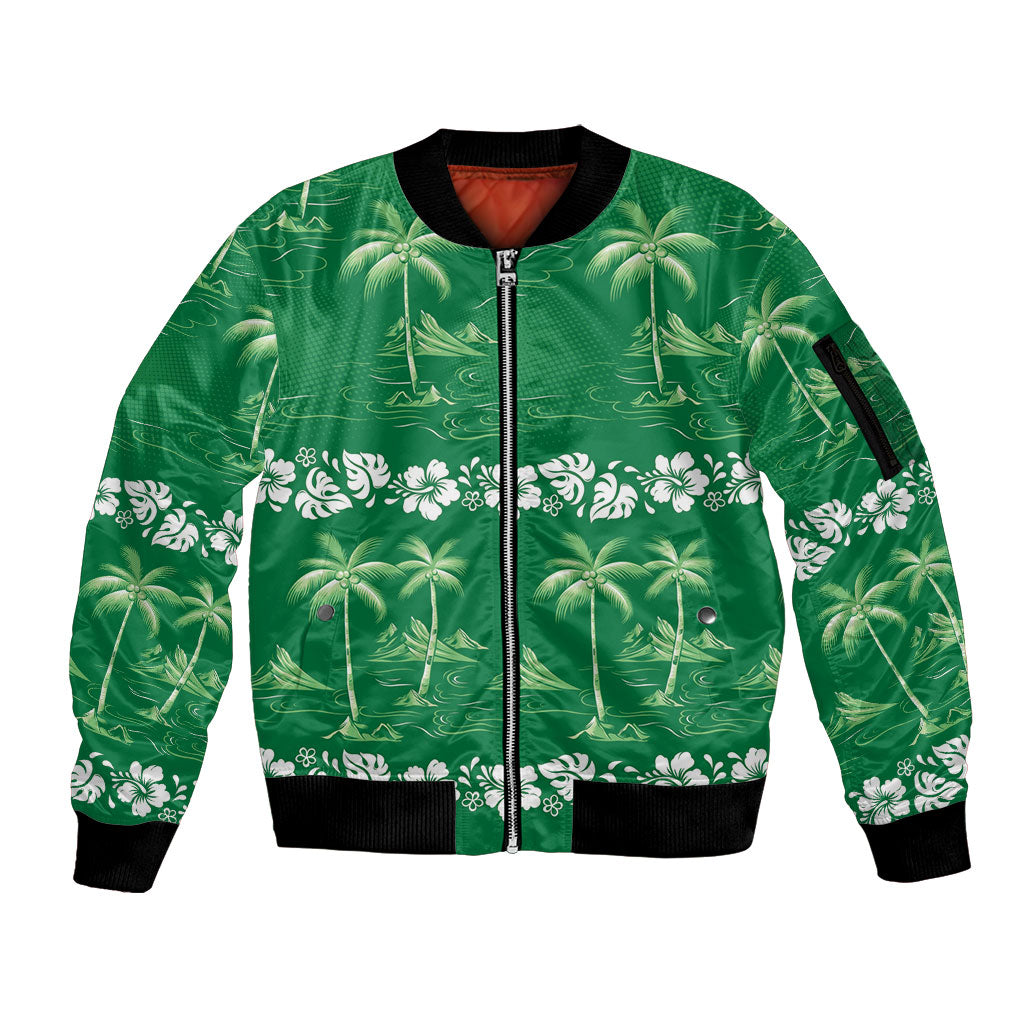 Green Hawaii Palm Tree Hibiscus Sleeve Zip Bomber Jacket Fantasy Summer Vibe