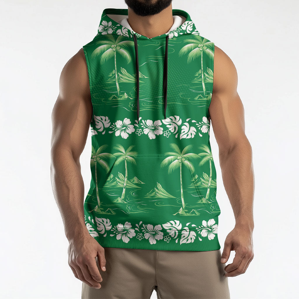 Green Hawaii Palm Tree Hibiscus Sleeveless Hoodie Fantasy Summer Vibe