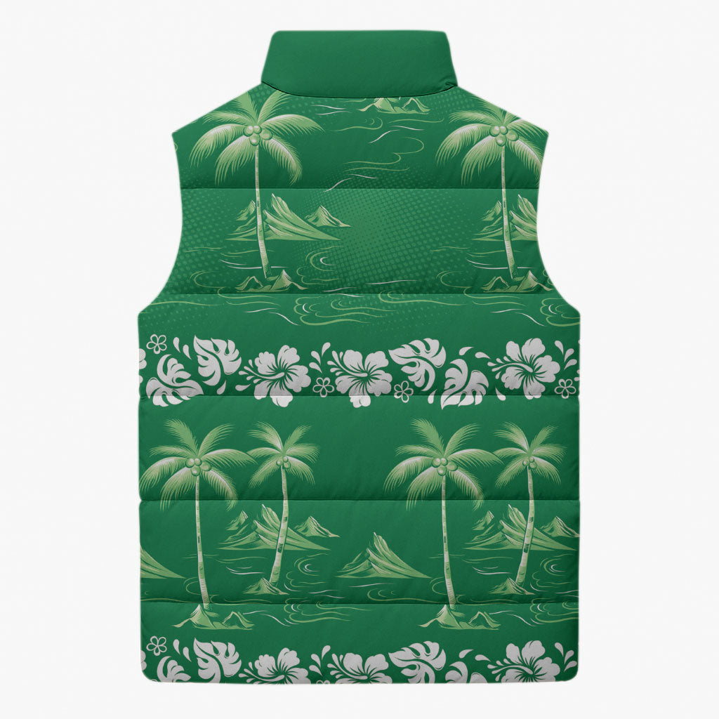Green Hawaii Palm Tree Hibiscus Sleeveless Puffer Jacket Fantasy Summer Vibe LT01 - Polynesian Pride