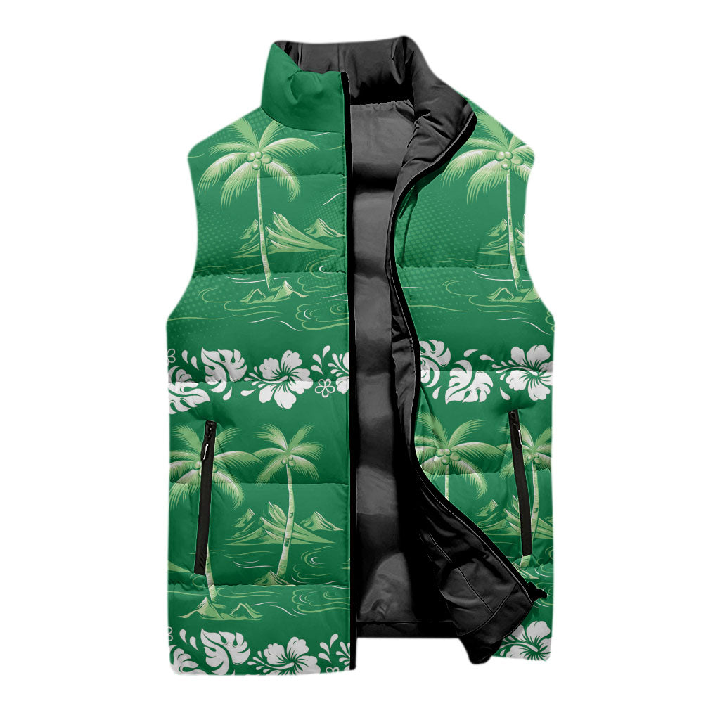 Green Hawaii Palm Tree Hibiscus Sleeveless Puffer Jacket Fantasy Summer Vibe LT01 - Polynesian Pride
