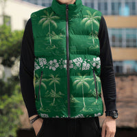 Green Hawaii Palm Tree Hibiscus Sleeveless Puffer Jacket Fantasy Summer Vibe LT01 - Polynesian Pride