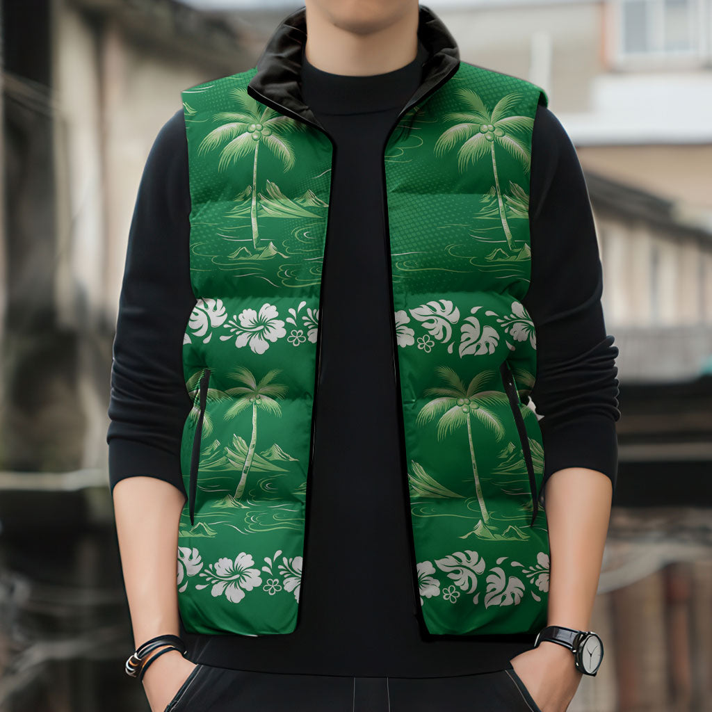 Green Hawaii Palm Tree Hibiscus Sleeveless Puffer Jacket Fantasy Summer Vibe LT01 - Polynesian Pride