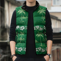 Green Hawaii Palm Tree Hibiscus Sleeveless Puffer Jacket Fantasy Summer Vibe LT01 - Polynesian Pride