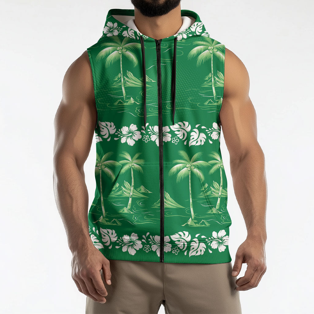 Green Hawaii Palm Tree Hibiscus Sleeveless Zip Hoodie Fantasy Summer Vibe