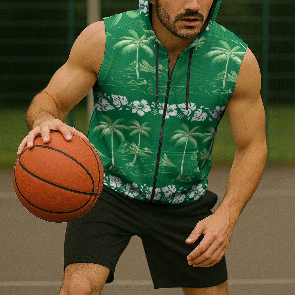 Green Hawaii Palm Tree Hibiscus Sleeveless Zip Hoodie Fantasy Summer Vibe