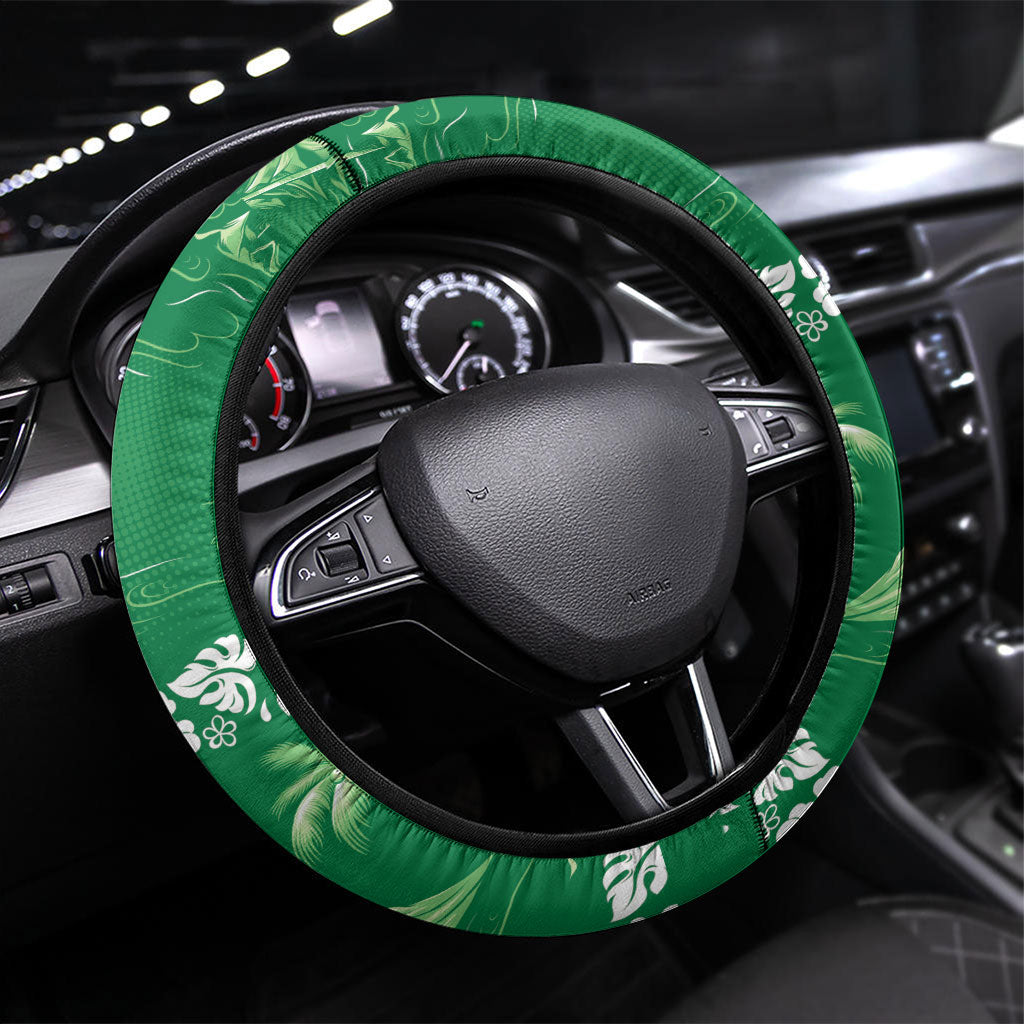 Green Hawaii Palm Tree Hibiscus Steering Wheel Cover Fantasy Summer Vibe