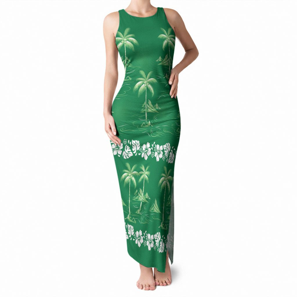Green Hawaii Palm Tree Hibiscus Tank Maxi Dress Fantasy Summer Vibe