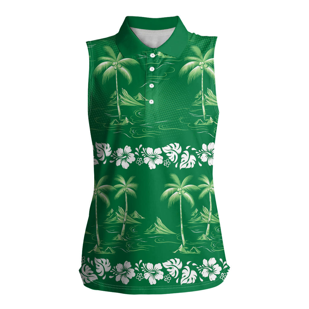 Green Hawaii Palm Tree Hibiscus Women Sleeveless Polo Shirt Fantasy Summer Vibe