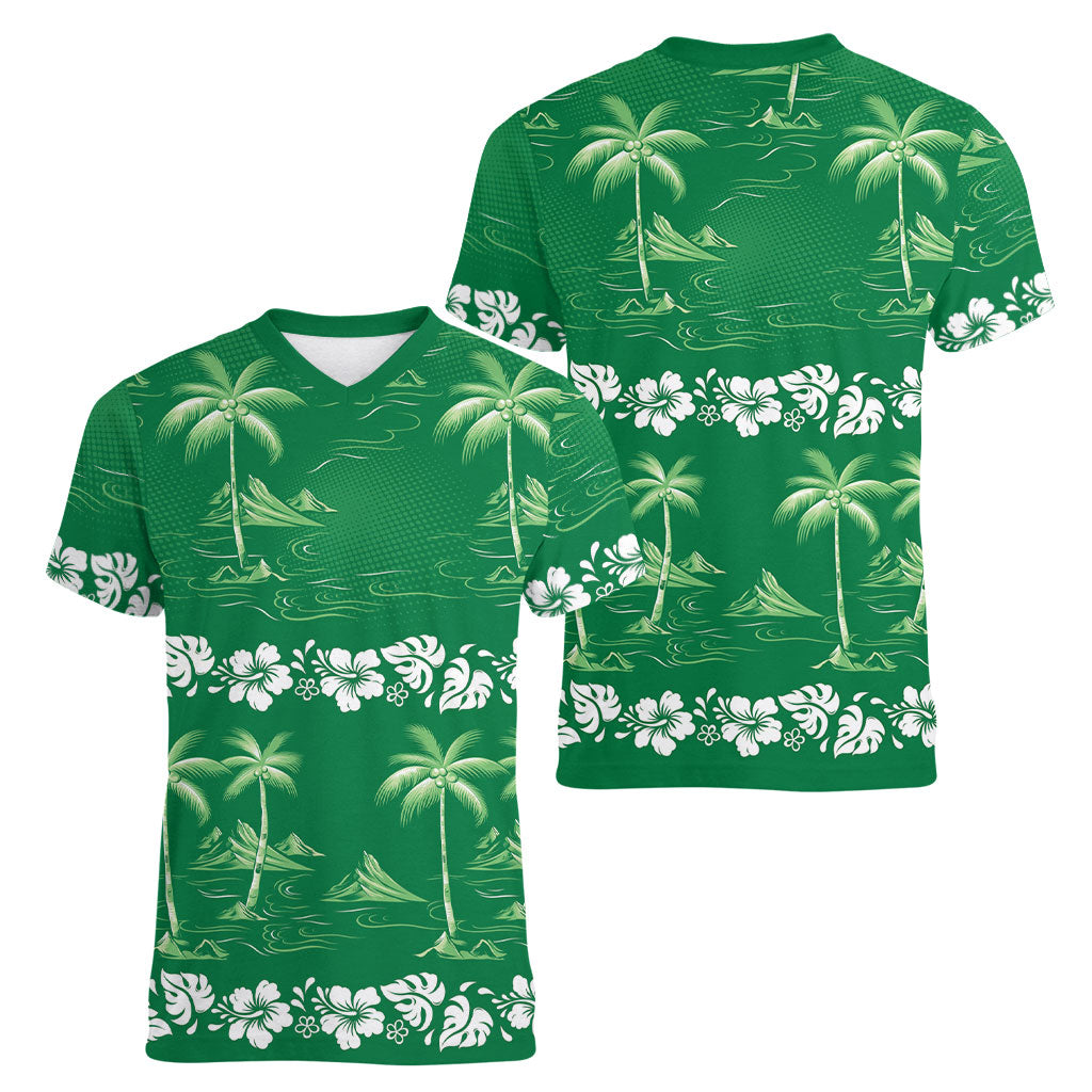 Green Hawaii Palm Tree Hibiscus Women V-Neck T-Shirt Fantasy Summer Vibe LT01 - Polynesian Pride