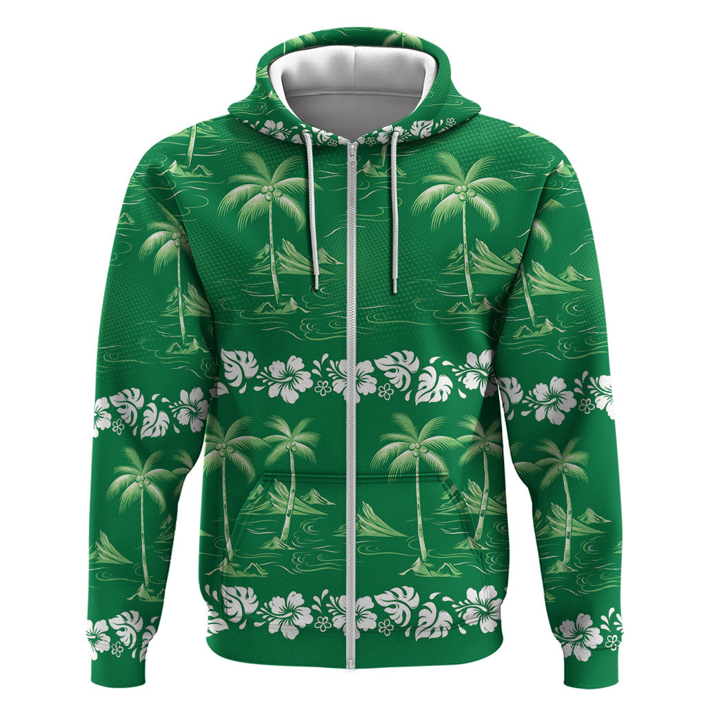 Green Hawaii Palm Tree Hibiscus Zip Hoodie Fantasy Summer Vibe LT01 Zip Hoodie Green - Polynesian Pride
