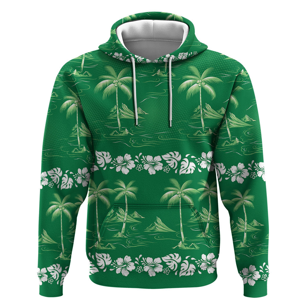 Green Hawaii Palm Tree Hibiscus Zip Hoodie Fantasy Summer Vibe LT01 Pullover Hoodie Green - Polynesian Pride