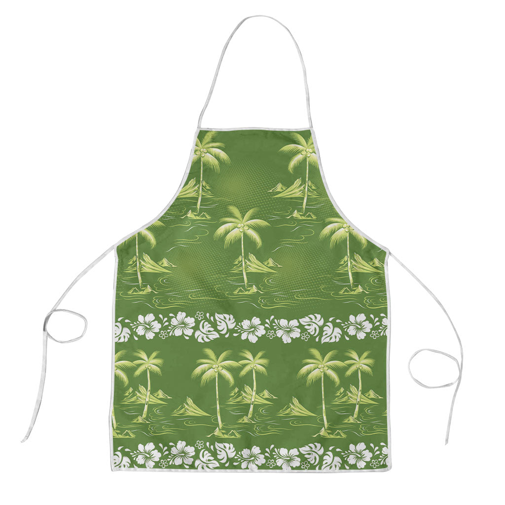 Olive Green Hawaii Palm Tree Hibiscus Apron Fantasy Summer Vibe