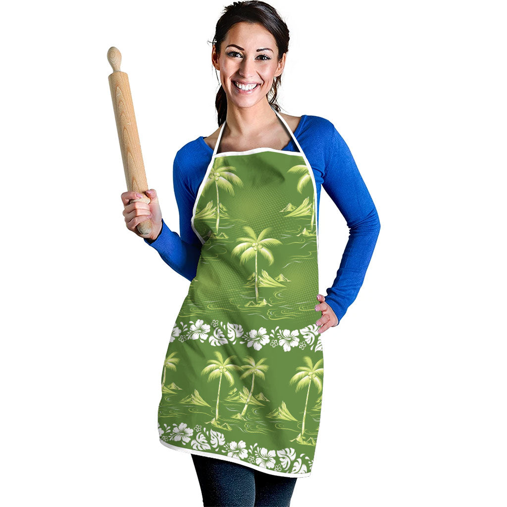 Olive Green Hawaii Palm Tree Hibiscus Apron Fantasy Summer Vibe