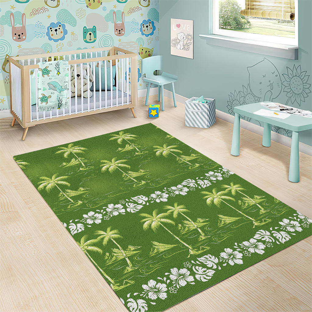 Olive Green Hawaii Palm Tree Hibiscus Area Rug Fantasy Summer Vibe LT01 - Polynesian Pride