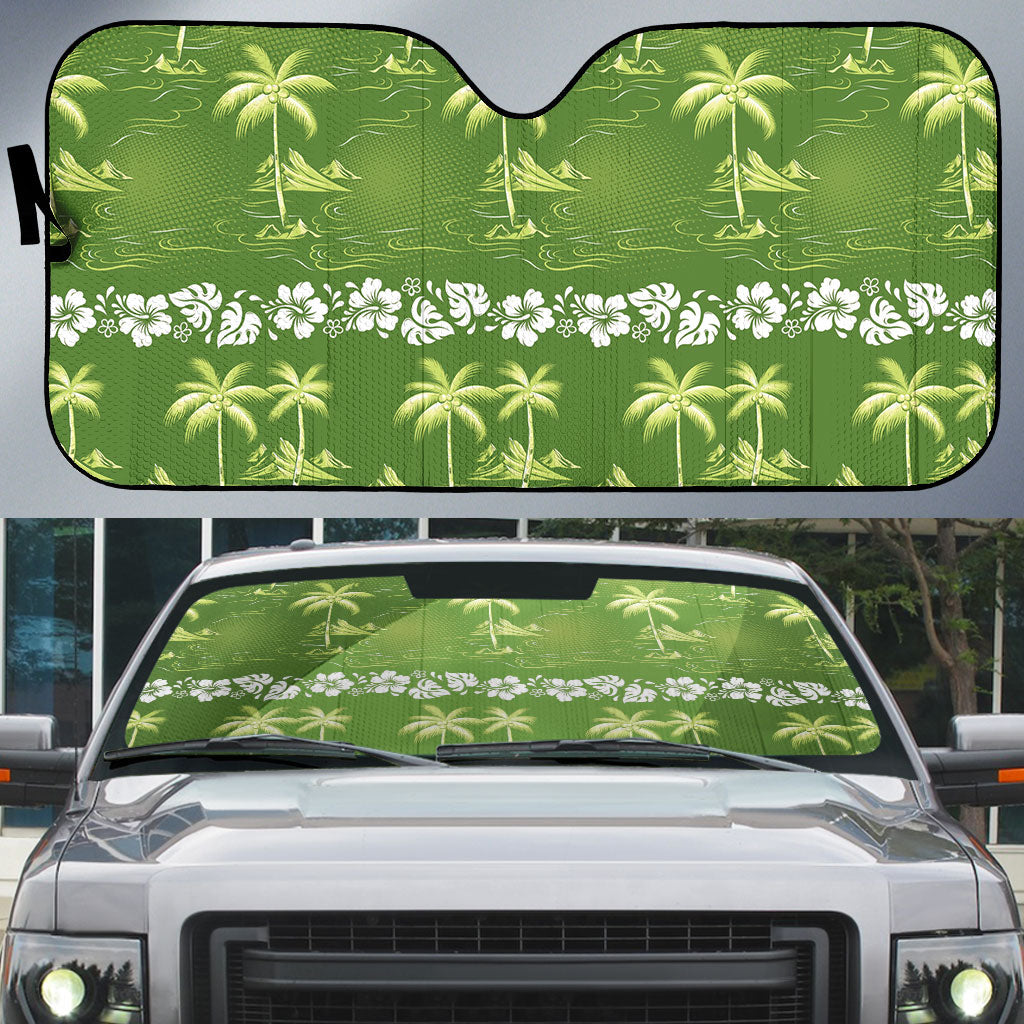 Olive Green Hawaii Palm Tree Hibiscus Auto Sun Shade Fantasy Summer Vibe LT01 Olive - Polynesian Pride